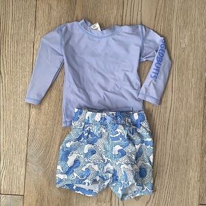 Rugged Butts Set Rashguard and Blue Wave Pattern Kids Swim Trunks 18-24 months